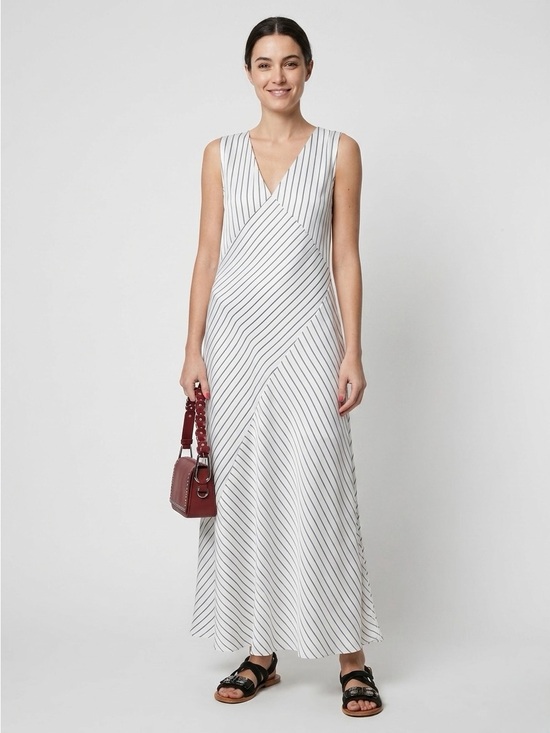 Theory Dresses & Skirts - Theory Relaxed Slip Crushed Satin Stripe Maxi Dress White Black Minimalist Sz 0